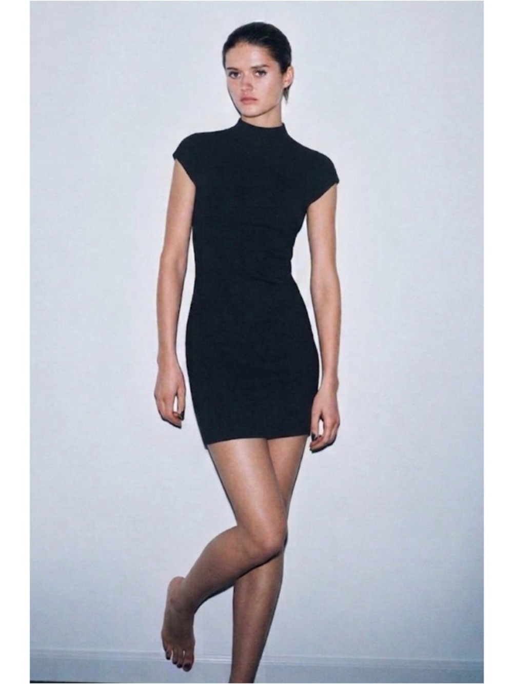 Zara Minimalist Mock Neck Bodycon Little Black Dress Knit Cap Sleeve Size S